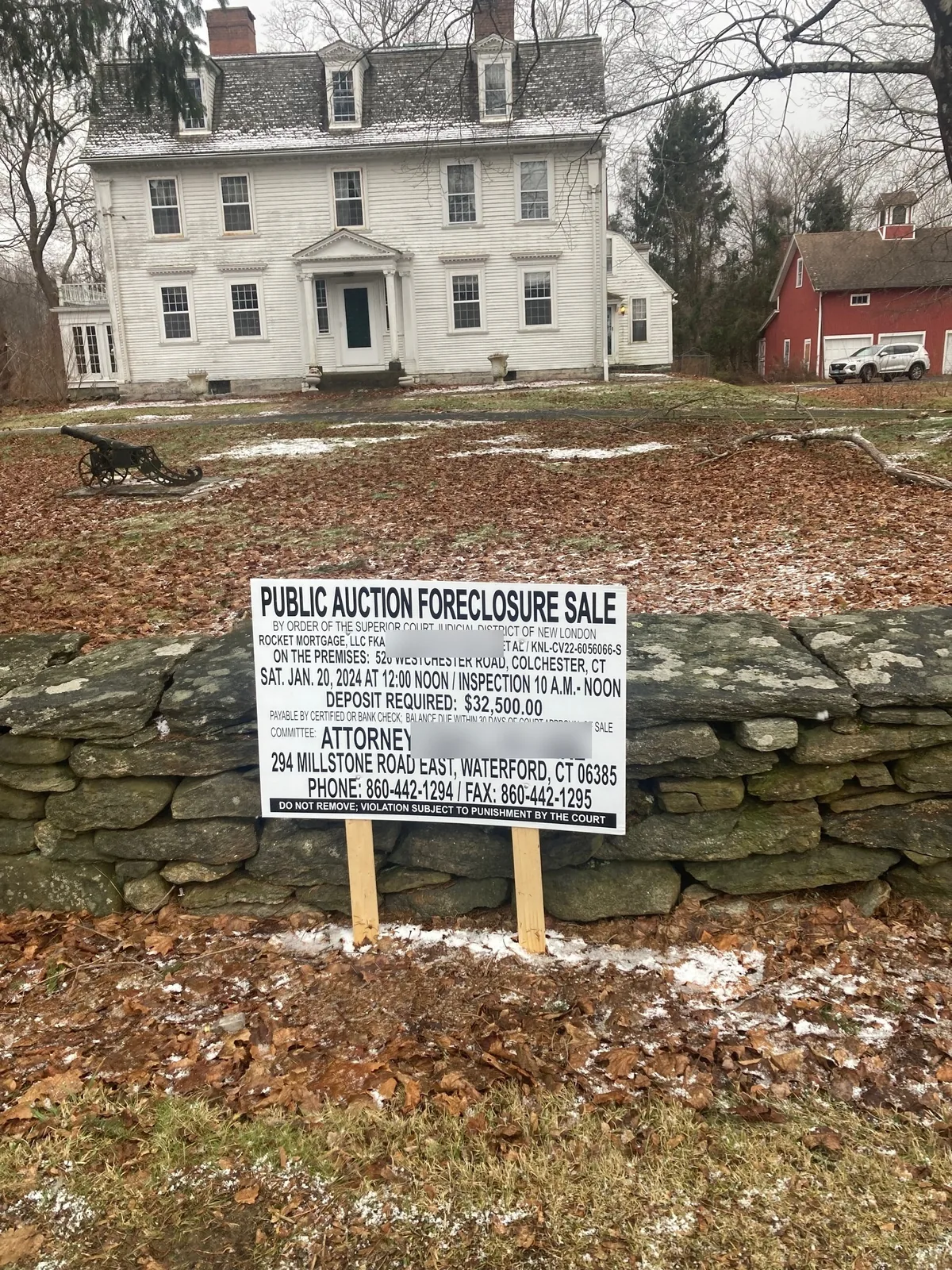The public auction foreclosure sale sign posted at 526 Westchester Rd, January 2024