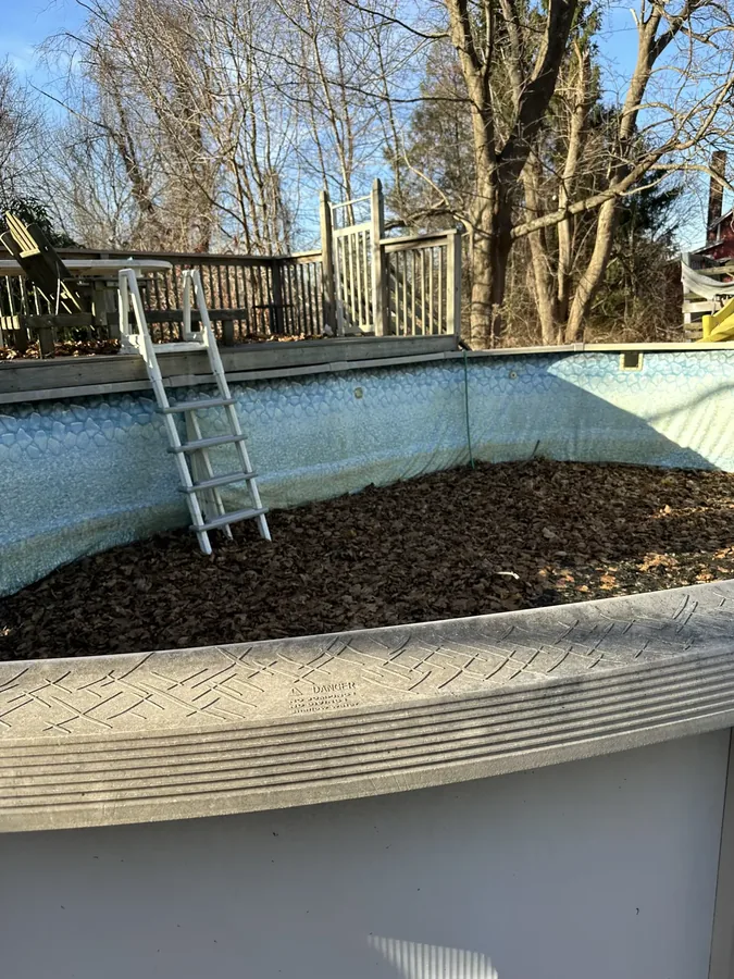 The in-ground pool, drained and filled with fallen leaves