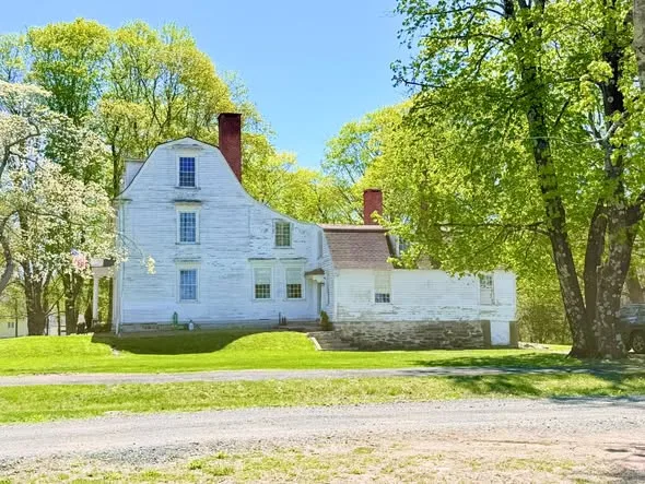 The house's gambrel end and twin chimneys in spring, seen past a flowering dogwood