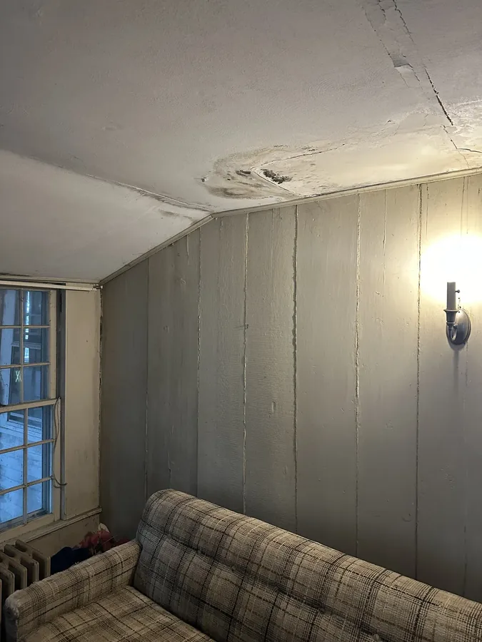 A low, sloped-ceiling room under the eaves, showing water damage and wood paneling