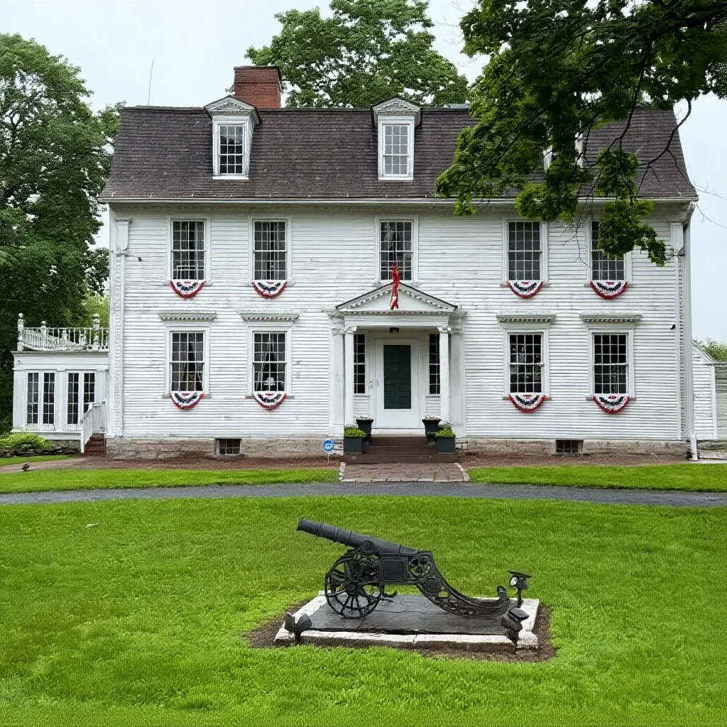 The house today, front elevation with patriotic bunting and cannon on the lawn
